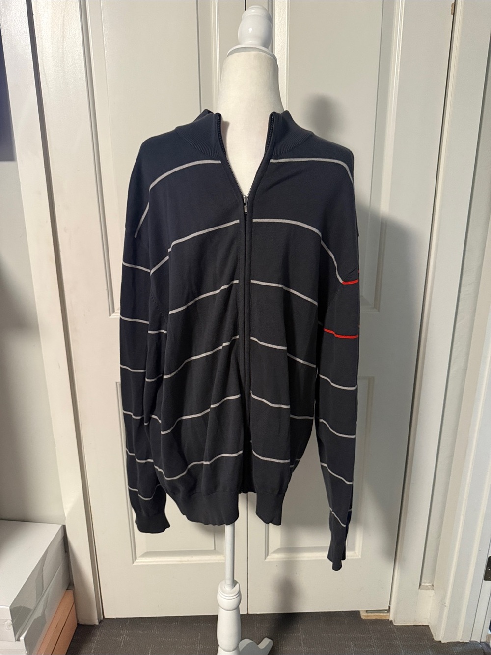 Cutter & Buck Black Zip-Up Sweater with Gray Stripes and Red Accent